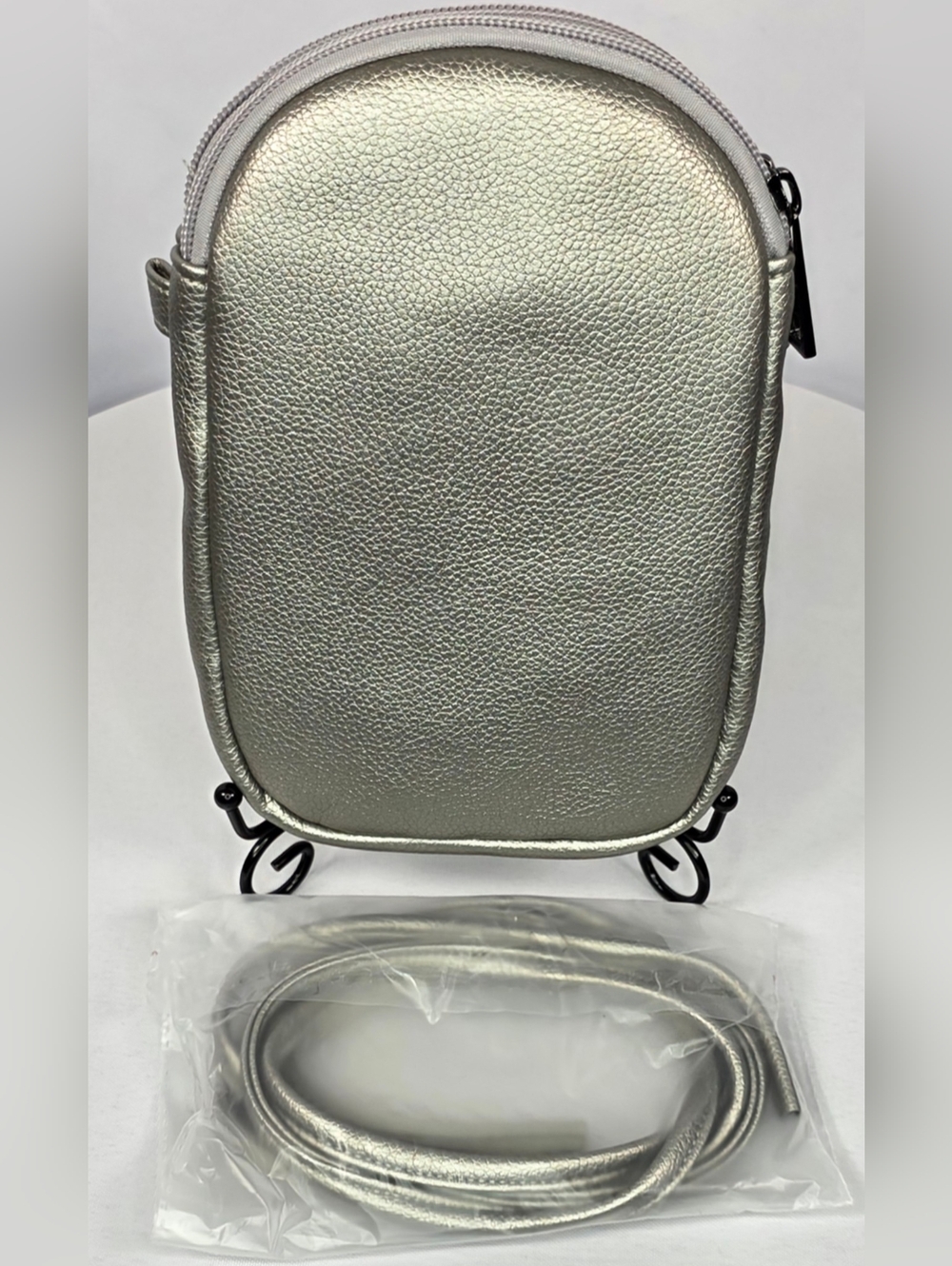 Metallic Silver Mini Crossbody Bag Double Zip Small Pouch NWT
